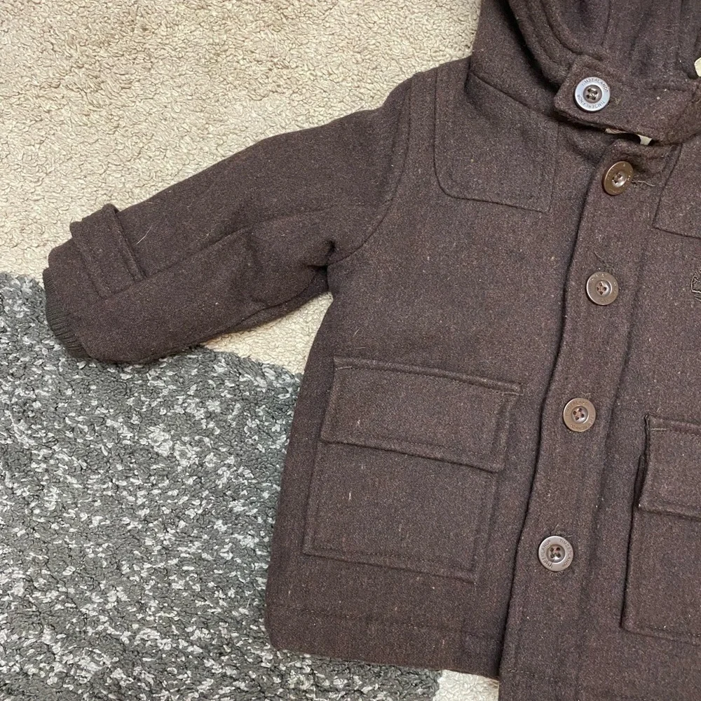 TIMBERLAND chocolate brown wool blend button down hooded coat size 12 month